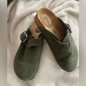 Olive Green Suede Mules